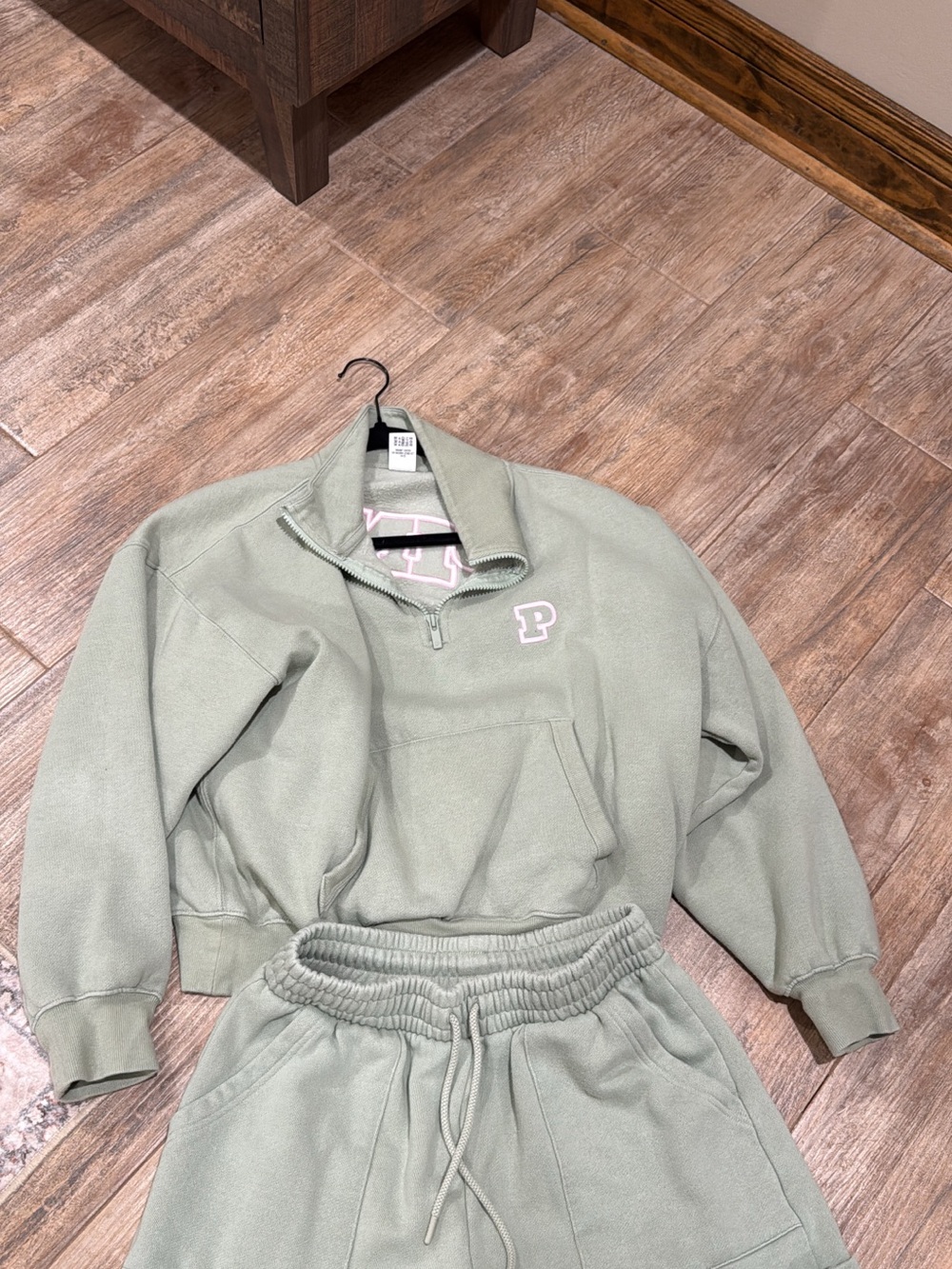 PINK Victoria's Secret Sage Green Quarter-Zip Shorts Set